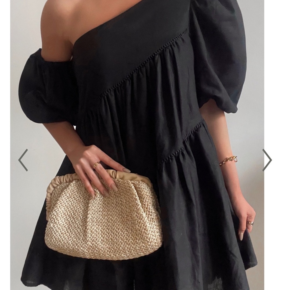 HARLEEN MINI DRESS - LINEN LOOK ASYMMETRICAL TRIM PUFF SLEEVE DRESS IN BLACK